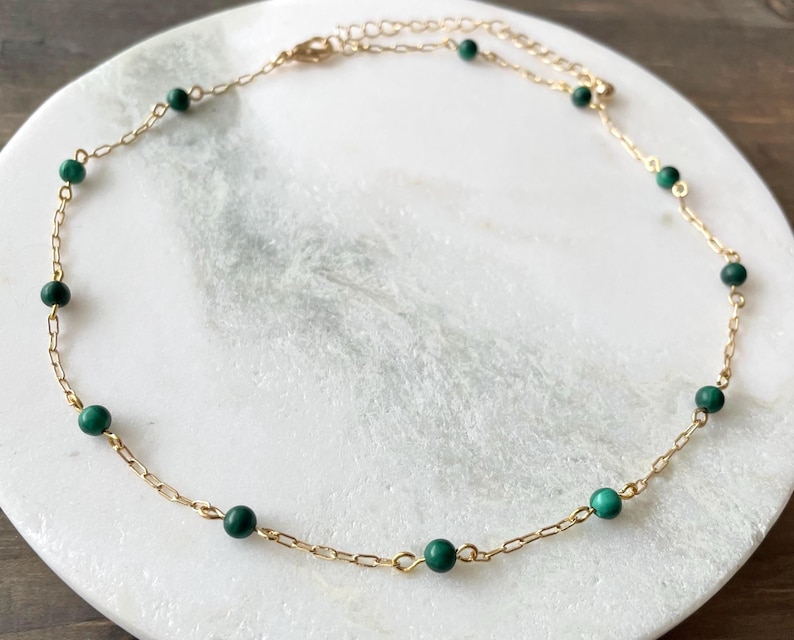 Genuine Malachite Necklace, Necklaces for sale Women, Silver Plated Choker, Beaded Necklace, Gemstone Choker, 17 Inch Necklace